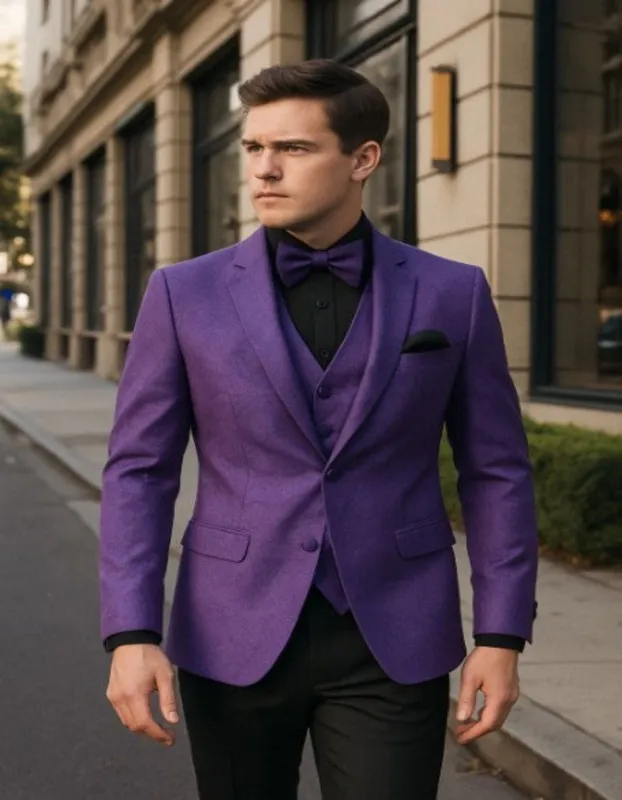 Mens Purple Paisley Tuxedo â€“ 3 Piece Suit with Bow Tie and Black Pants | Wedding & Prom Outfit - Slim Fitted sold by Alberto Nardoni