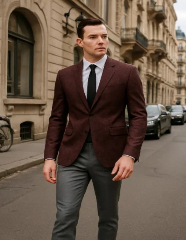 Mens Burgundy Paisley Tuxedo Blazer â€“ Slim Fit Formal Dinner Jacket - Velvet Fabric - Slim Fitted made by Alberto Nardoni