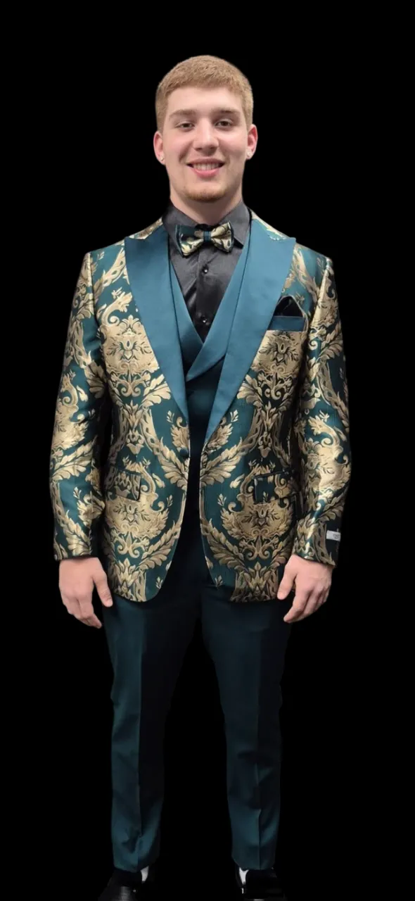 Green and Gold Tuxedo Suit - Paisley Floral Wedding Vested Suit sold by Alberto Nardoni