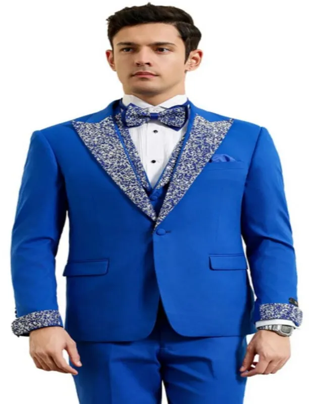 Royal Blue Prom Tuxedo - Perfect Wedding Suit Vested Rhinestone Lapelled sold by Alberto Nardoni