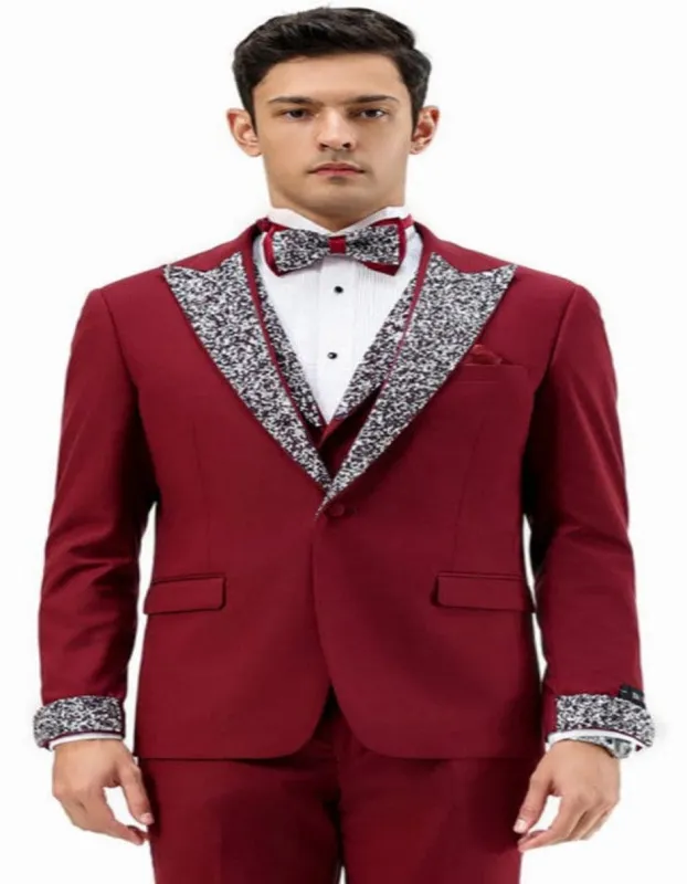 Burgundy Prom Tuxedo - Perfect Wedding Suit Vested Rhinestone Lapelled sold by Alberto Nardoni