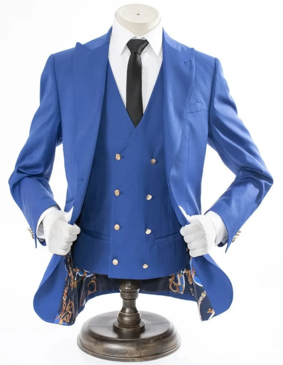 Royal Blue 3-Piece Slim-Fit Suit with Gold Buttons sold by Alberto Nardoni