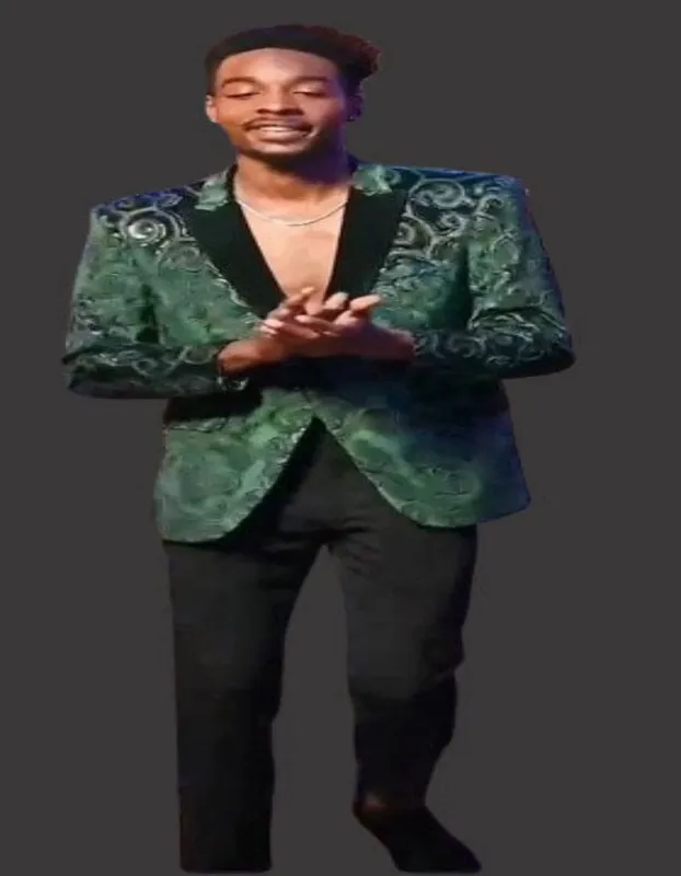 Mens Emerald Green Paisley Blazer With Black Lapel - Velvet Fabric Wedding Tuxedo Dinner Jacket sold by Alberto Nardoni