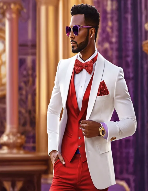 White and Red Tuxedo Wedding Suit - White Dinner Jacket + Vest + Pants + Bow-tie sold by Alberto Nardoni