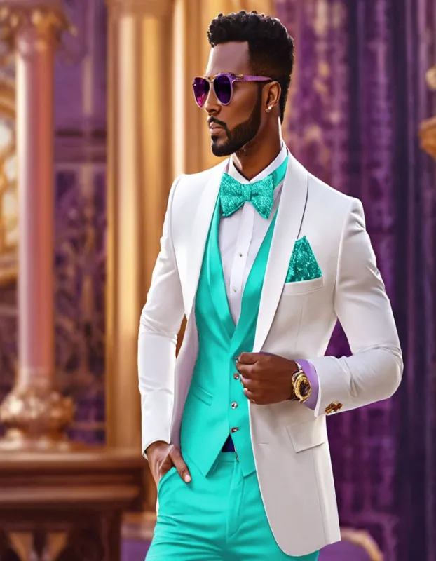 White and Turquoise Tuxedo Wedding Suit - White Dinner Jacket + Vest + Pants + Bow-tie sold by Alberto Nardoni