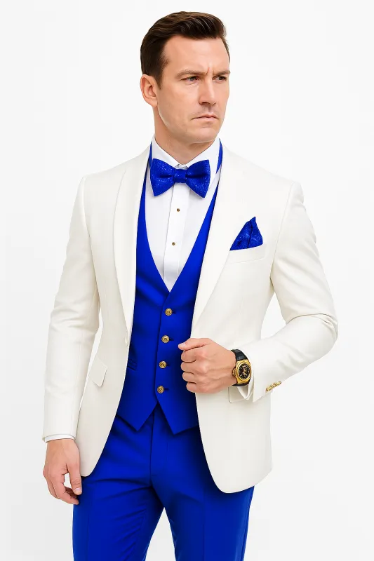 White and Royal Blue Tuxedo Wedding Suit - White Dinner Jacket + Vest + Pants + Bow-tie sold by Alberto Nardoni