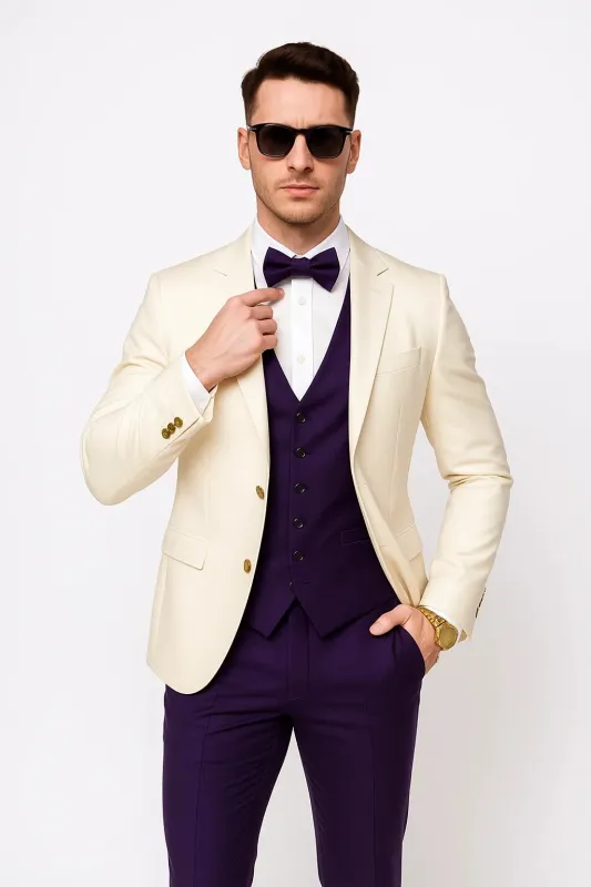 White and Purple Tuxedo Wedding Suit - White Dinner Jacket + Vest + Pants + Bow-tie sold by Alberto Nardoni