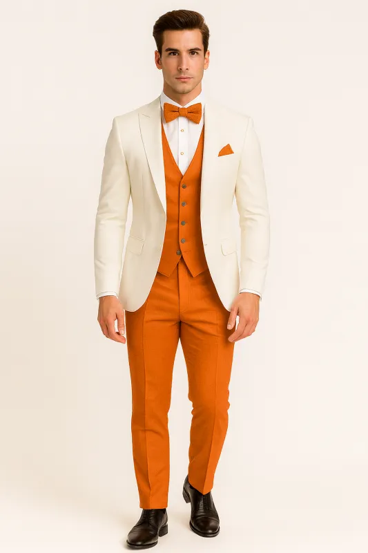 White and Orange Tuxedo Wedding Suit - White Dinner Jacket + Vest + Pants + Bow-tie sold by Alberto Nardoni
