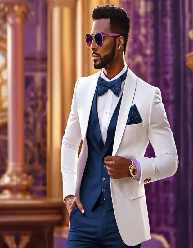White and Navy Blue Tuxedo Wedding Suit - White Dinner Jacket + Vest + Pants + Bow-tie sold by Alberto Nardoni