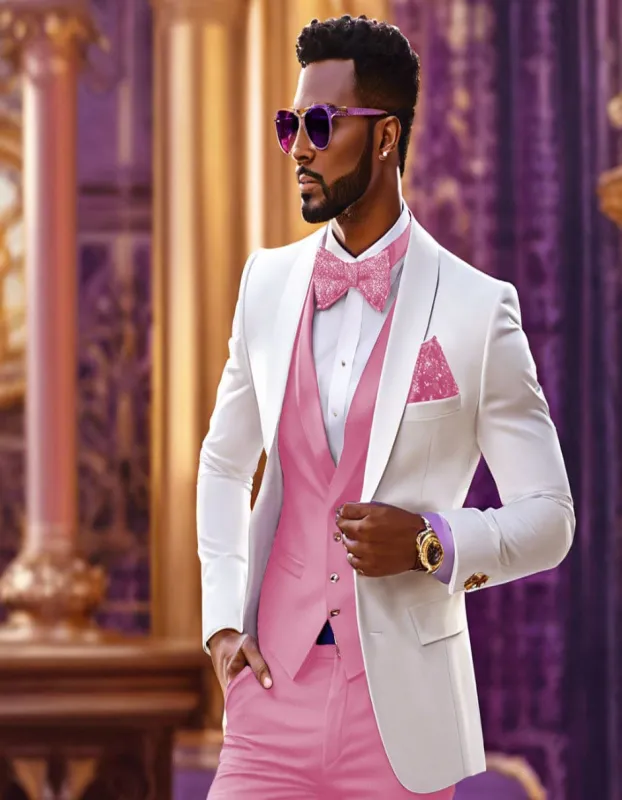 White and Light Pink Tuxedo Wedding Suit - White Dinner Jacket + Vest + Pants + Bow-tie sold by Alberto Nardoni