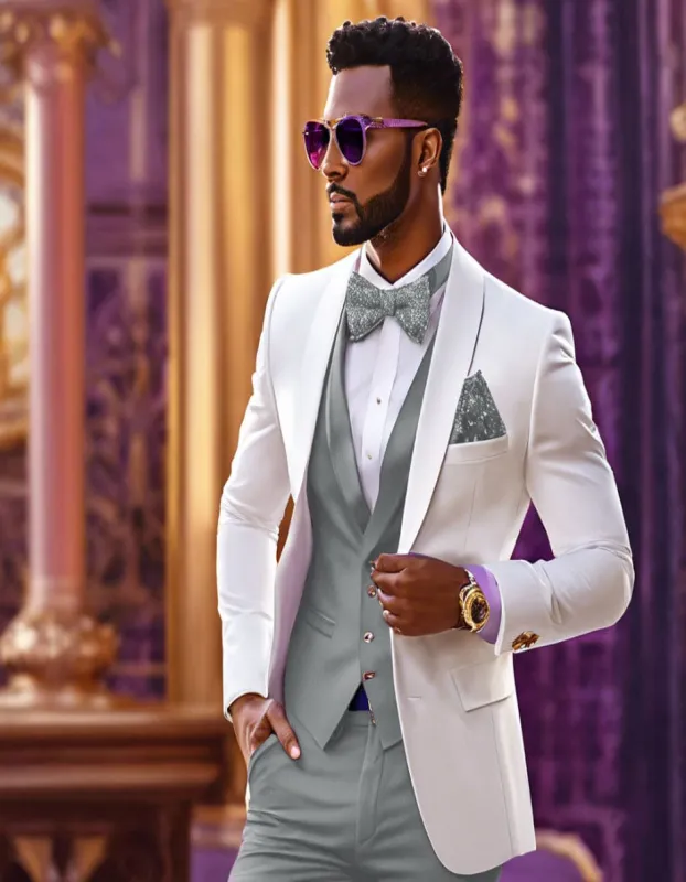 White and Light Grey Tuxedo Wedding Suit - White Dinner Jacket + Vest + Pants + Bow-tie sold by Alberto Nardoni