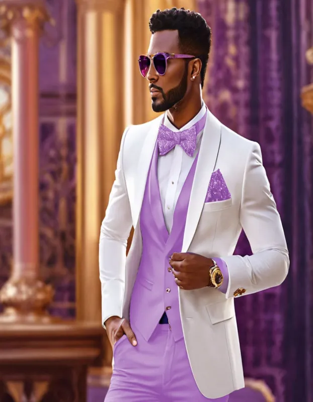 White and Lavender Tuxedo Wedding Suit - White Dinner Jacket + Vest + Pants + Bow-tie sold by Alberto Nardoni