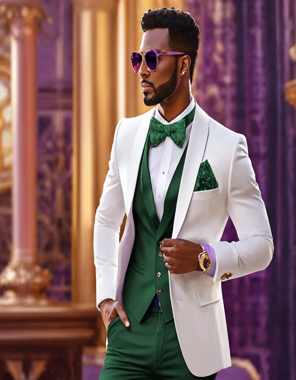 White and Hunter Tuxedo Wedding Suit - White Dinner Jacket + Vest + Pants + Bow-tie sold by Alberto Nardoni