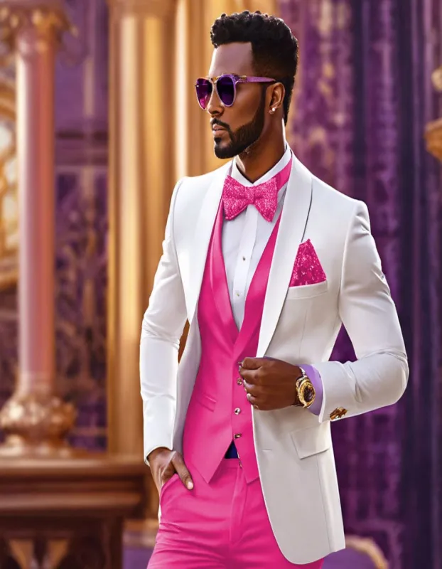 White and Hot Pink Tuxedo Wedding Suit - White Dinner Jacket + Vest + Pants + Bow-tie sold by Alberto Nardoni