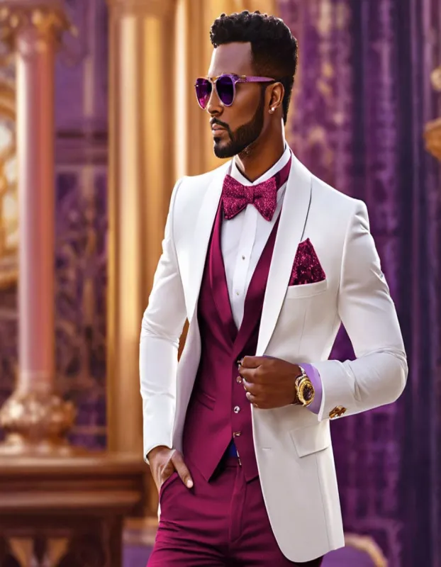 White and Burgundy Tuxedo Wedding Suit - White Dinner Jacket + Vest + Pants + Bow-tie sold by Alberto Nardoni