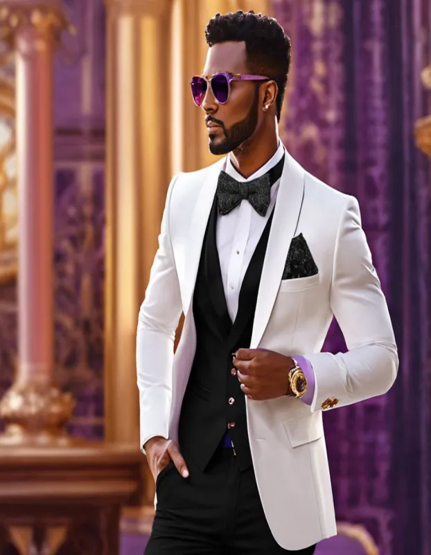 White and Black Tuxedo Wedding Suit - White Dinner Jacket + Vest + Pants + Bow-tie sold by Alberto Nardoni