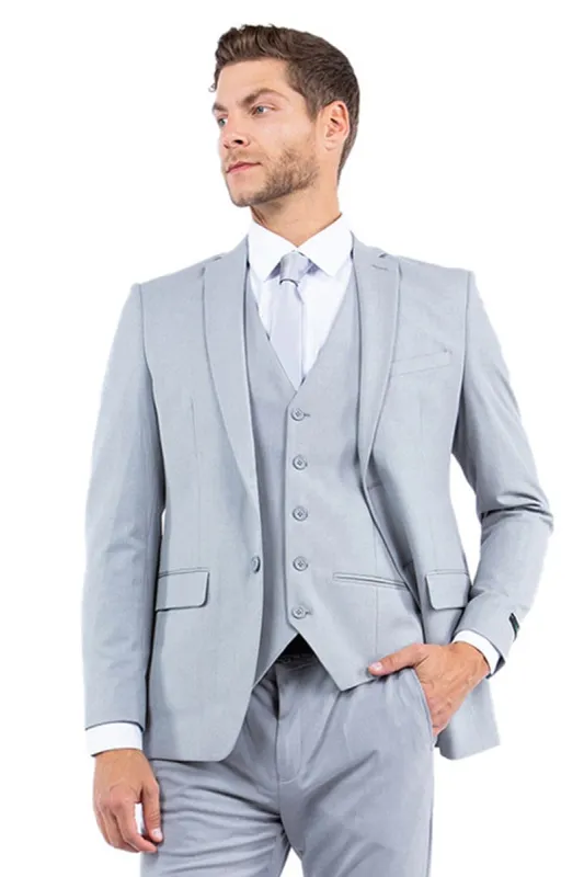 "Men's Slim Fit One Button Vested Business Suit - Light Grey Wedding Attire" sold by Alberto Nardoni