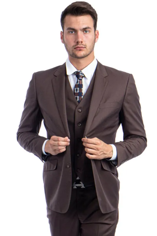 "Designer Men's Modern Fit Wool Suit - Two Button Vested in Cocoa Brown" sold by Alberto Nardoni