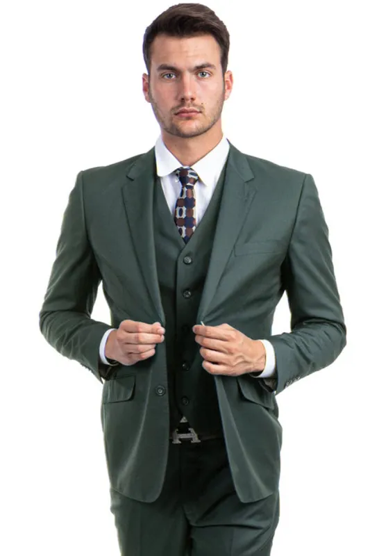 "Olive Green Men's Designer Wool Suit - Modern Fit, Two Button Vested" sold by Alberto Nardoni