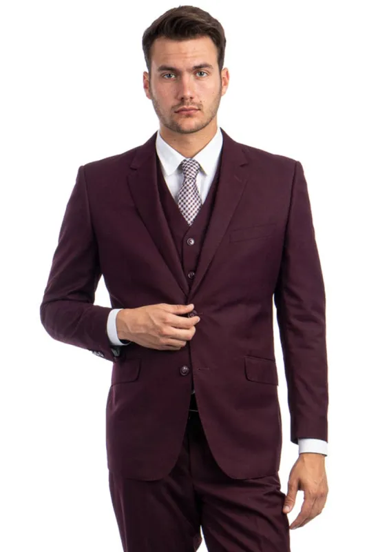 Burgundy Men's Designer Modern Fit Wool Suit - Two Button Vested sold by Alberto Nardoni