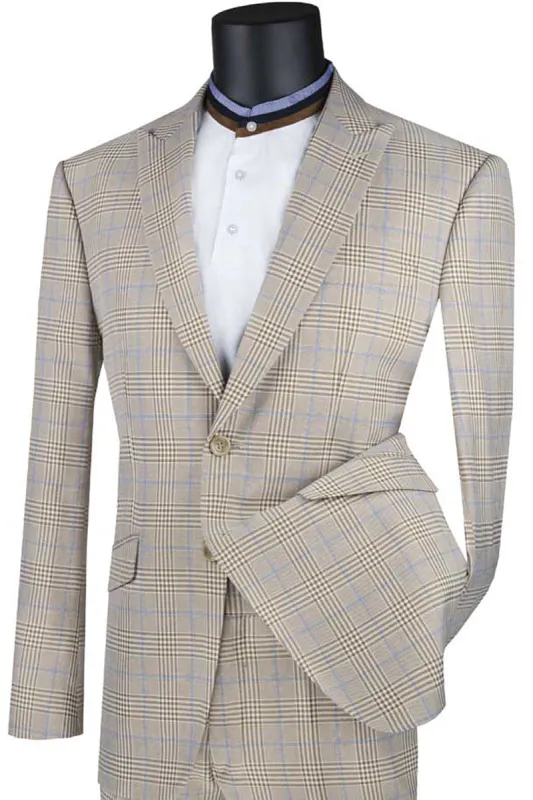 "Modern Fit Men's Plaid Suit with Peak Lapel, 2 Button - Tan, CLOSE OUT 42R" made by Alberto Nardoni