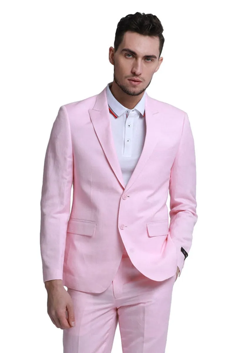 Pink Linen Men's Beach Wedding Suit - Two Button Peak Lapel Style sold by Alberto Nardoni