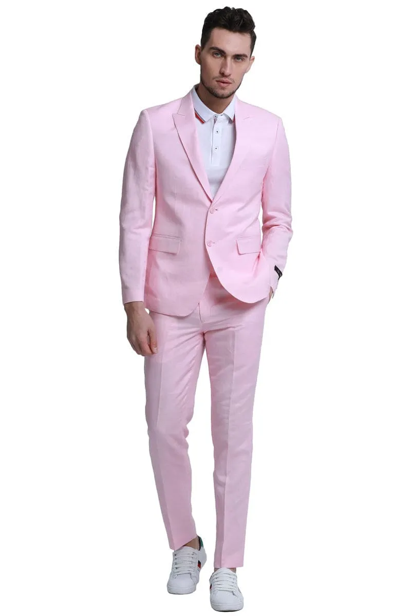 Pink Linen Men's Beach Wedding Suit - Two Button Peak Lapel Style sold by Alberto Nardoni product image thumbnail 2