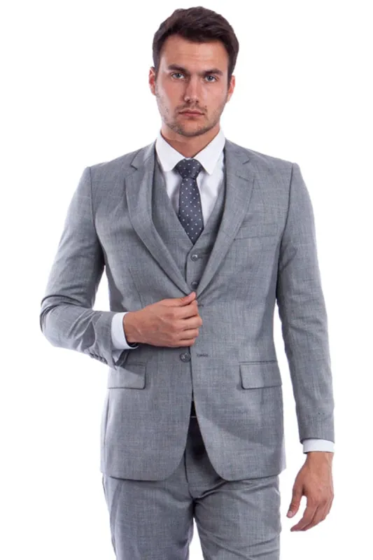 "Sharkskin Wedding & Business Suit - Men's Two Button Hybrid Fit Vested in Stone Grey" sold by Alberto Nardoni