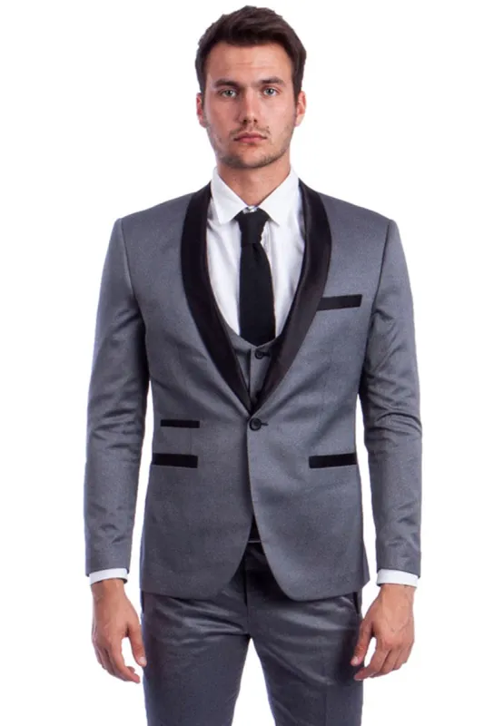 "Grey Men's Shawl Tuxedo with One Button Low Cut Vest" made by Alberto Nardoni
