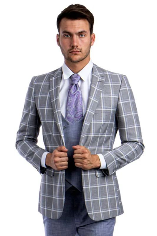 "Men's Grey & Blue Windowpane Plaid Suit - One Button Peak Lapel with Double Breasted Vest" made by Alberto Nardoni