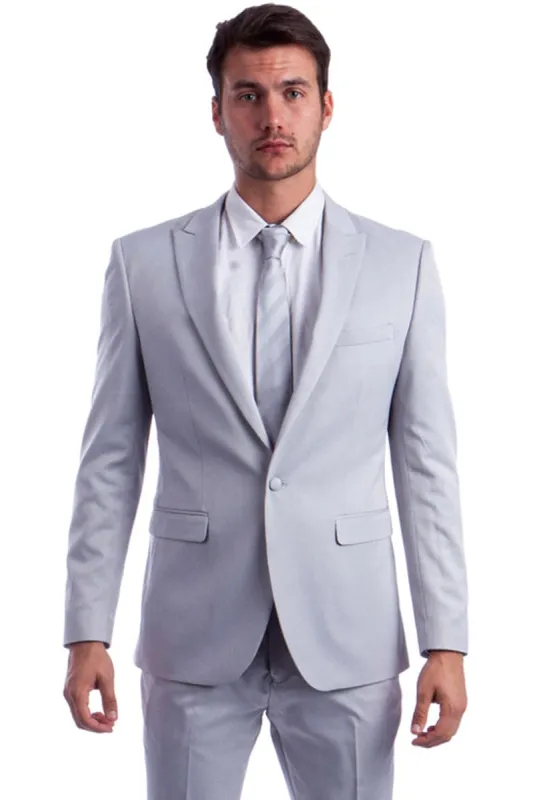 "Men's Slim Fit Suit - One Button, Peak Lapel in Light Grey" sold by Alberto Nardoni