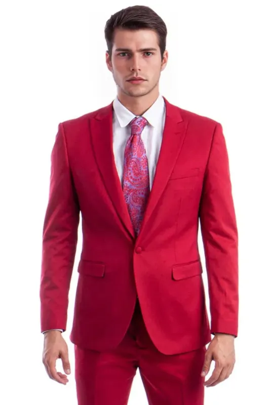 "Red Slim Fit Men's Suit with One Button Peak Lapel Design" sold by Alberto Nardoni