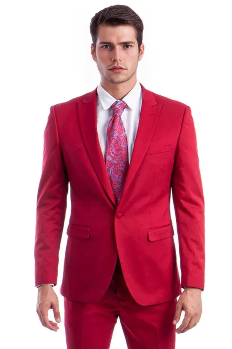"Red Slim Fit Men's Suit with One Button Peak Lapel Design" sold by Alberto Nardoni