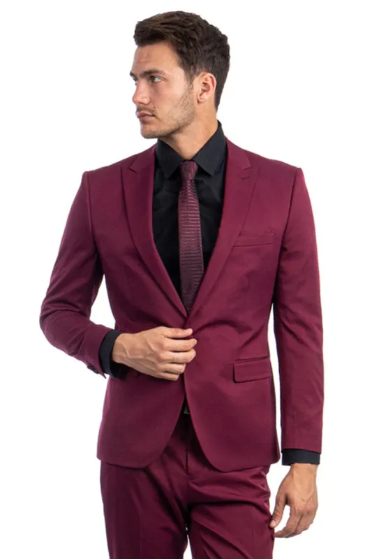 "Burgundy Slim Fit Suit for Men - One Button Peak Lapel Basic" made by Alberto Nardoni
