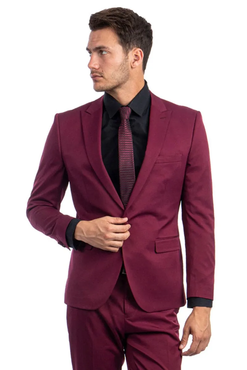 "Burgundy Slim Fit Suit for Men - One Button Peak Lapel Basic" sold by Alberto Nardoni