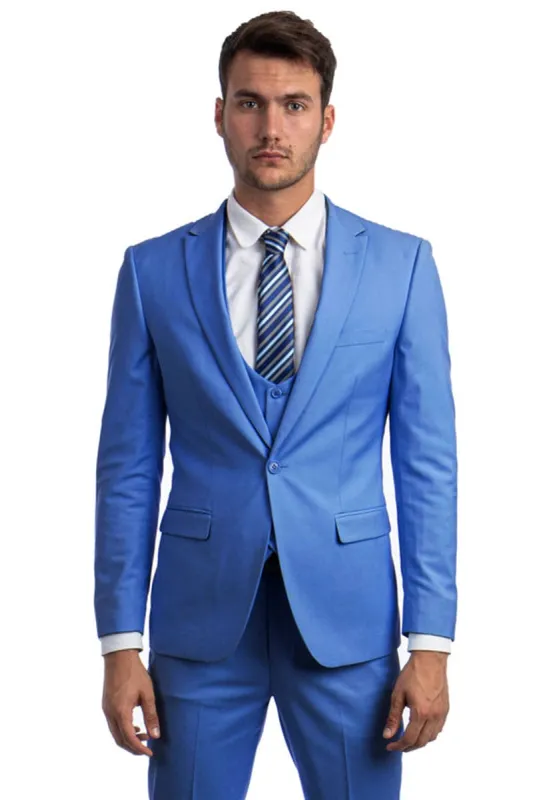 "French Blue Men's Skinny Wedding & Prom 2026 Suit - One Button Peak Lapel with Lowcut Vest" made by Alberto Nardoni