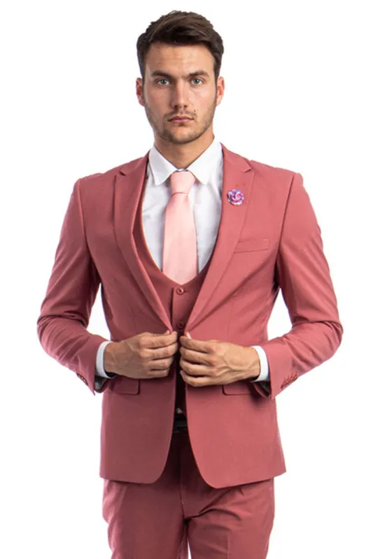 "Coral Pink Men's Wedding & Prom 2025 Suit - One Button Peak Lapel Skinny with Lowcut Vest" sold by Alberto Nardoni