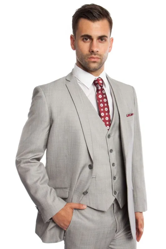 "Sharkskin Business Suit for Men - Light Grey Two Button Vested" sold by Alberto Nardoni