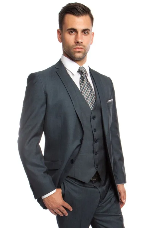 "Indigo Blue Sharkskin Business Suit - Men's Two Button Vested" sold by Alberto Nardoni