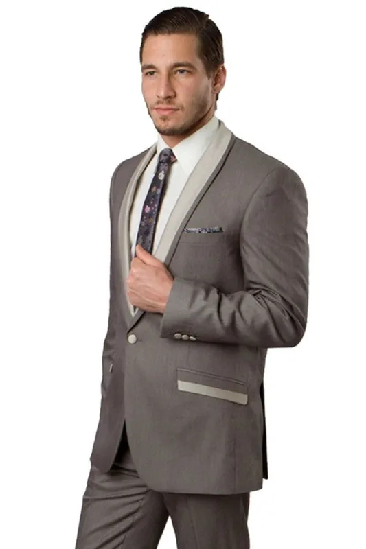 "Men's Slim Fit Shawl Lapel Tuxedo - One Button, Dark Tan Beige" sold by Alberto Nardoni