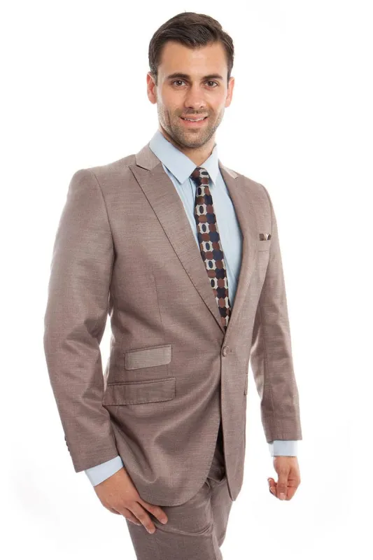 "Men's Slim Fit Sharkskin Suit - One Button Peak Lapel with Ticket Pocket, Dark Tan" sold by Alberto Nardoni