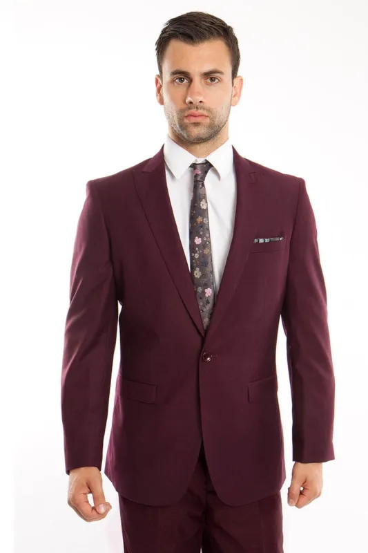 "Burgundy Men's Slim Fit Suit with One Button Peak Lapel" sold by Alberto Nardoni