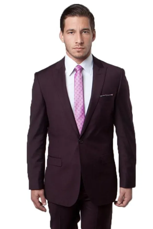 "Eggplant Plum Men's Slim Fit Suit with One Button Peak Lapel" sold by Alberto Nardoni