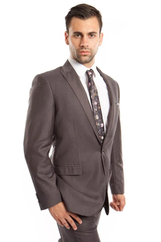 "Grey Men's Slim Fit Suit with One Button Peak Lapel" sold by Alberto Nardoni