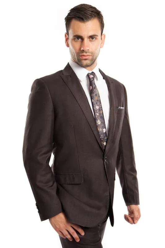 "Men's Slim Fit Dark Grey Suit - One Button Peak Lapel Design" sold by Alberto Nardoni