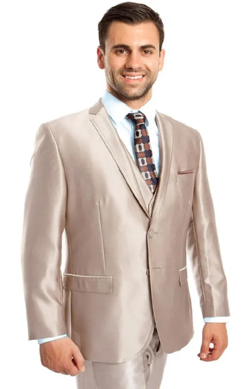 "Sharkskin Wedding Suit for Men - Two Button Vested, Champagne Light Tan" sold by Alberto Nardoni