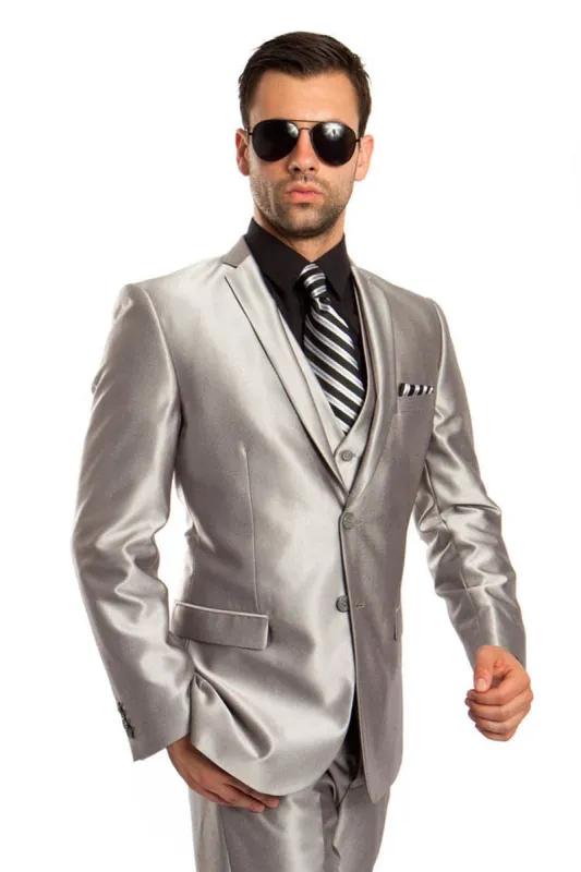 "Sharkskin Silver Grey Men's Two-Button Vested Wedding & Prom 2025 Suit" sold by Alberto Nardoni