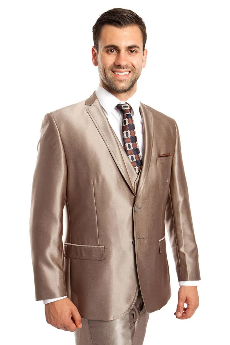 "Sharkskin Wedding & Prom 2025 Suit - Men's Two Button Vested in Dark Taupe" sold by Alberto Nardoni