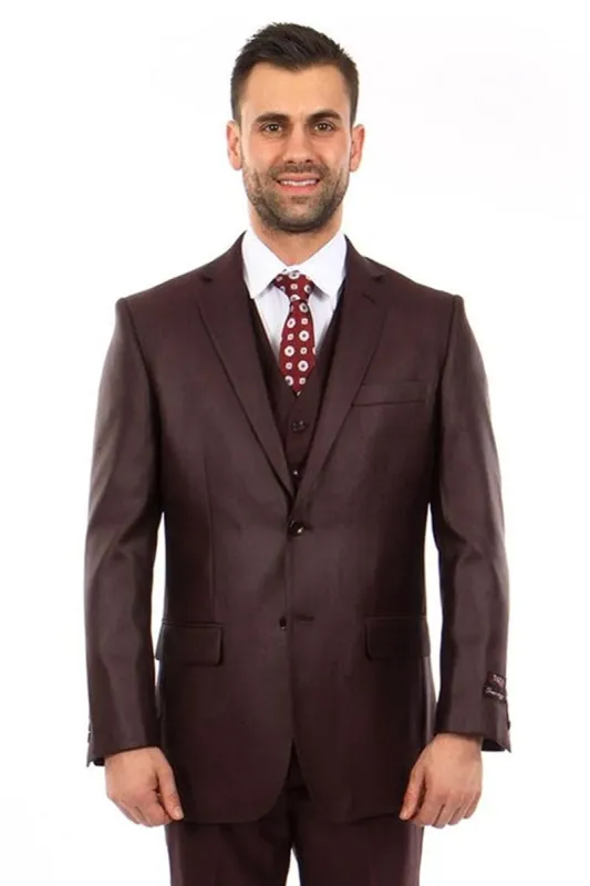 "Burgundy Sharkskin Business Suit - Men's Two Button Vested Style" made by Alberto Nardoni