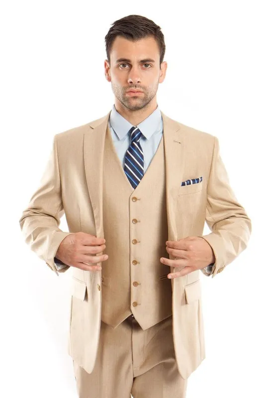 "Sharkskin Business Suit for Men - Light Beige Two Button Vested" sold by Alberto Nardoni